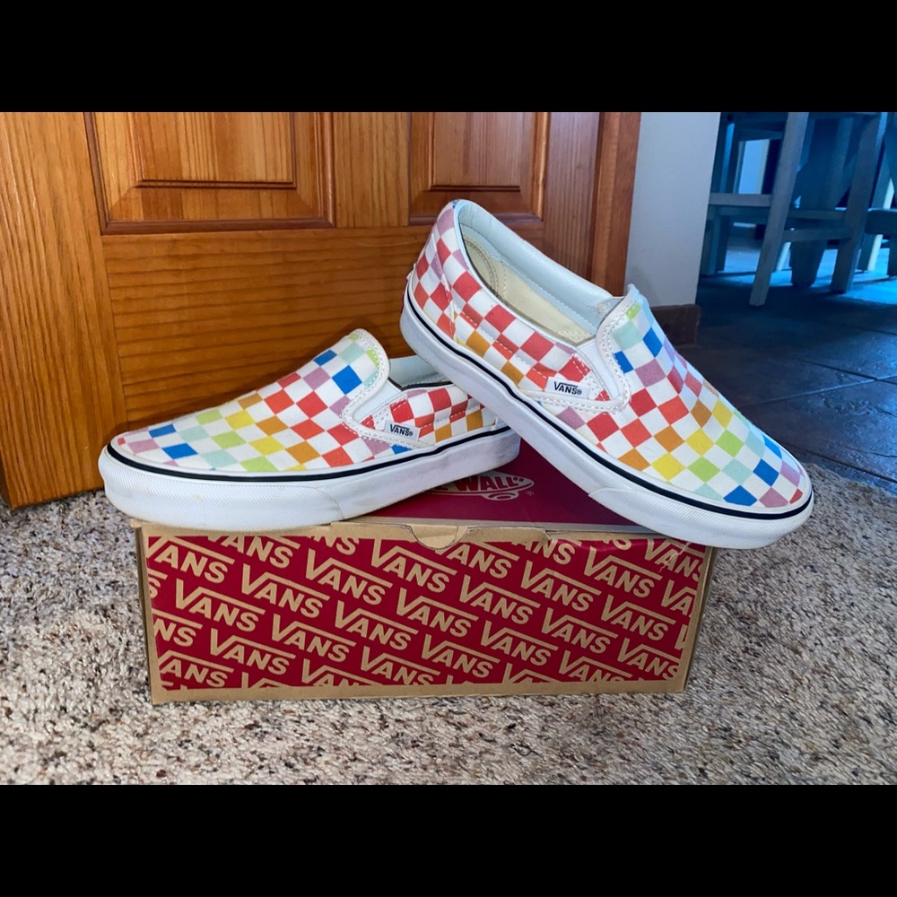 Checkered Rainbow slip on Vans